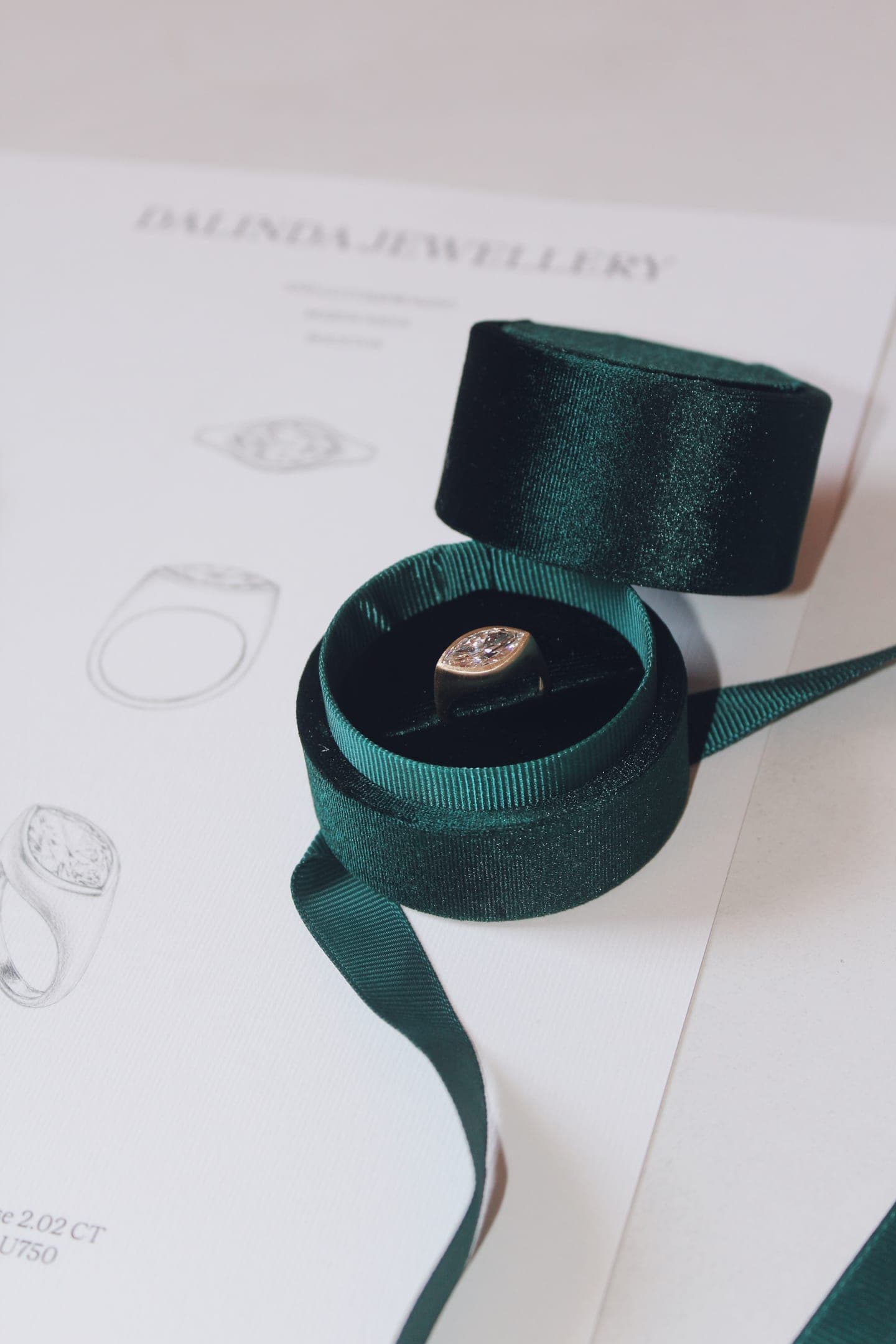 Anillo de compromiso en su estuche, con un lazo verde, listo para la pedida