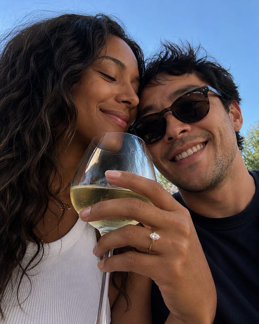 Pareja celebrando su compromiso con una copa de vino